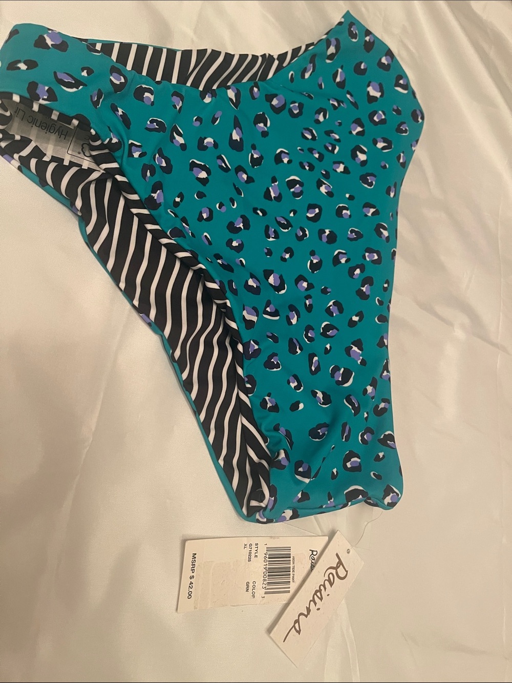 Raisins Teal Leopard Print Bikini Bottom with Black & White Stripe Lining